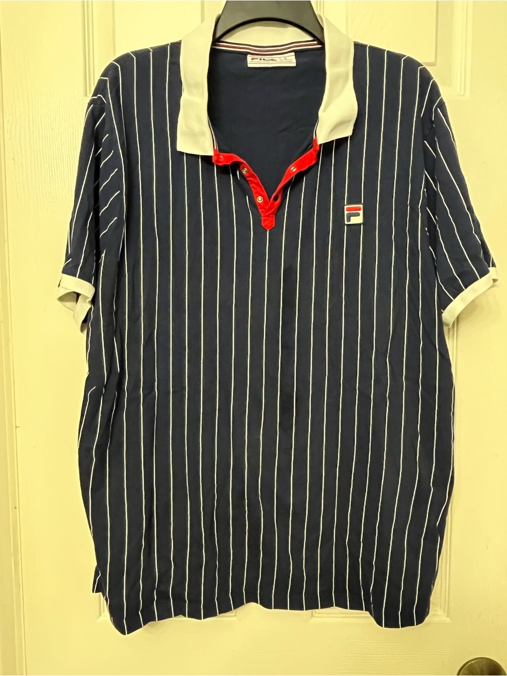 Fila Navy Pinstripe Polo with White Collar and Red Placket